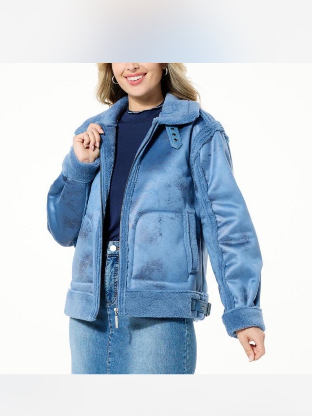 G by Giuliana Blue Faux Shearling Bomber Jacket